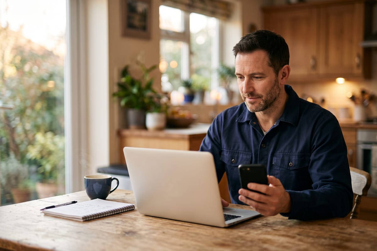 Contractor reviewing his day on a laptop and phone at his kitchen table