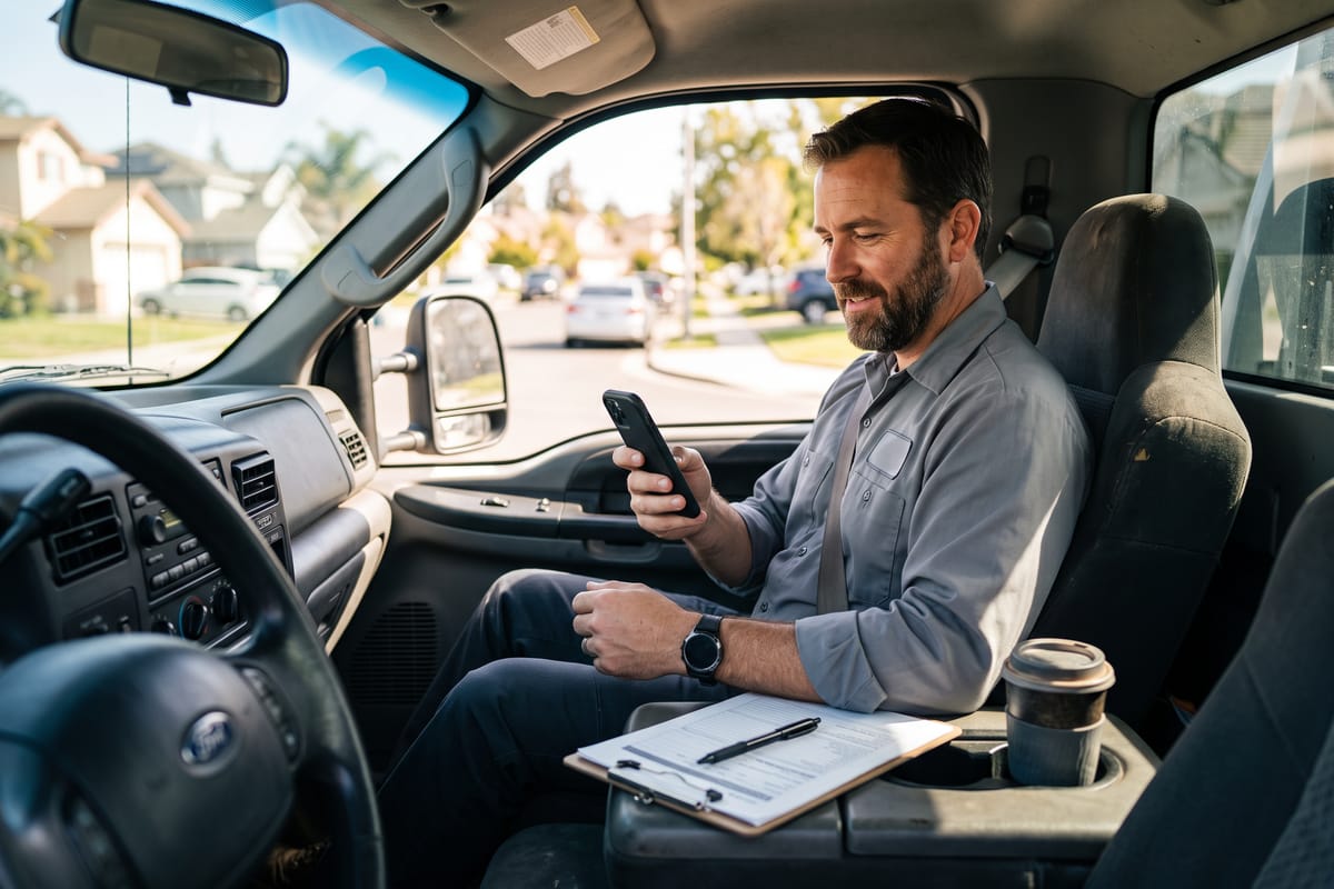 Contractor running his CRM from his phone in the cab of his work truck