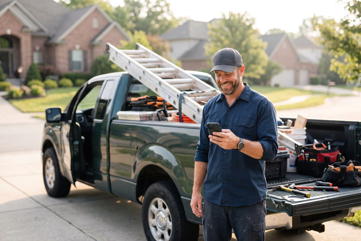 Contractor by his work truck reading a new lead text alert on his phone
