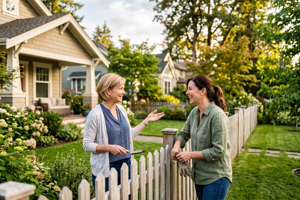 Two neighbors chatting over a backyard fence