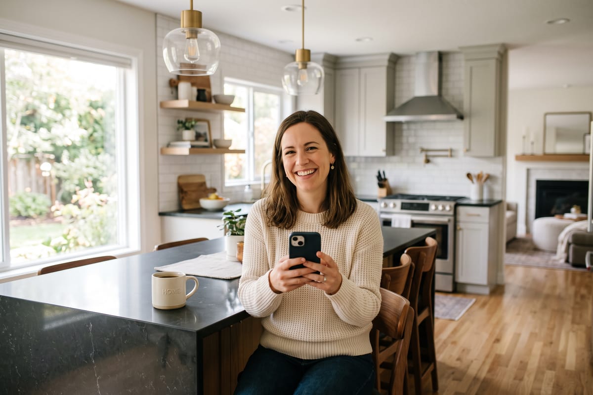 Happy homeowner smiling at her phone after a completed job
