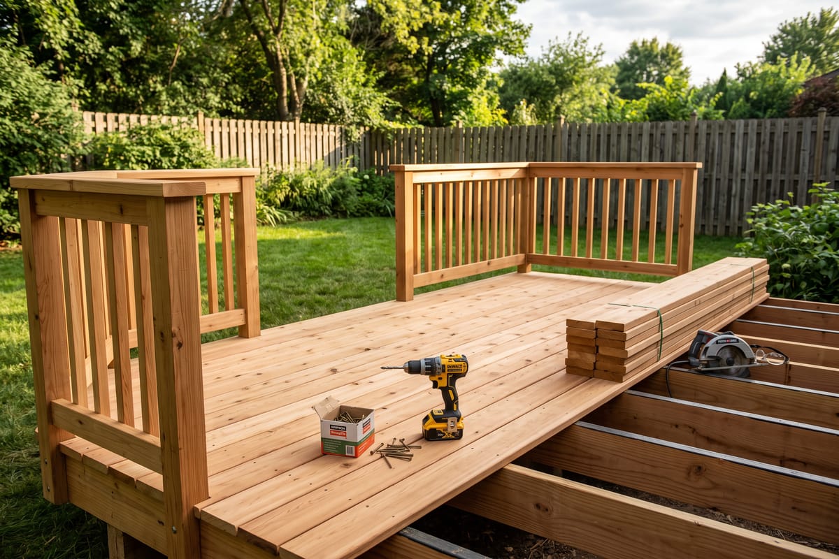 Carpenter fastening cedar deck boards on a new backyard deck