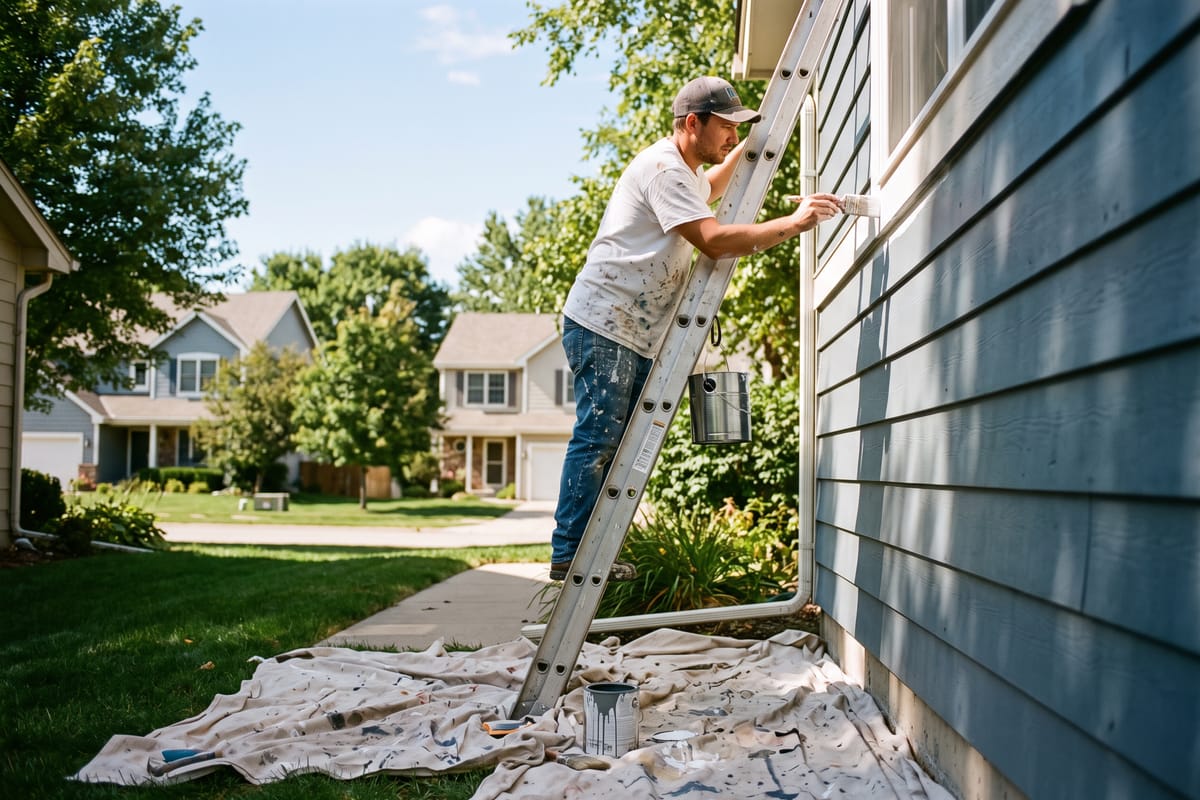 House painter on a ladder painting the exterior trim of a home