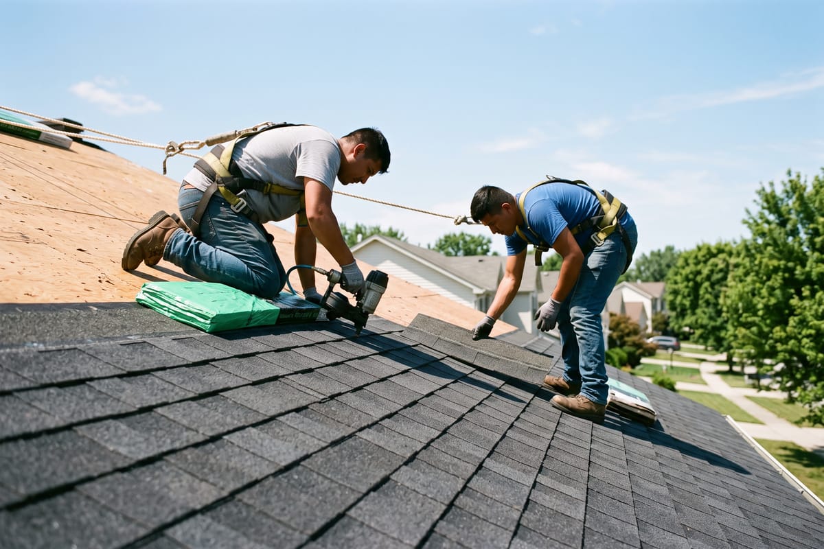 Roofers installing asphalt shingles on a suburban house roof