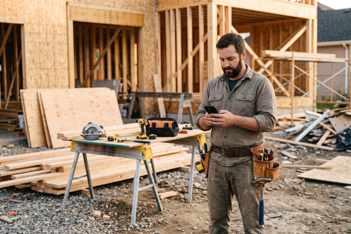 Contractor with a tool belt checking his phone at a job site