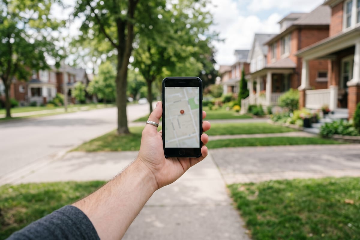 Hand holding a phone showing a map with a location pin on a suburban street