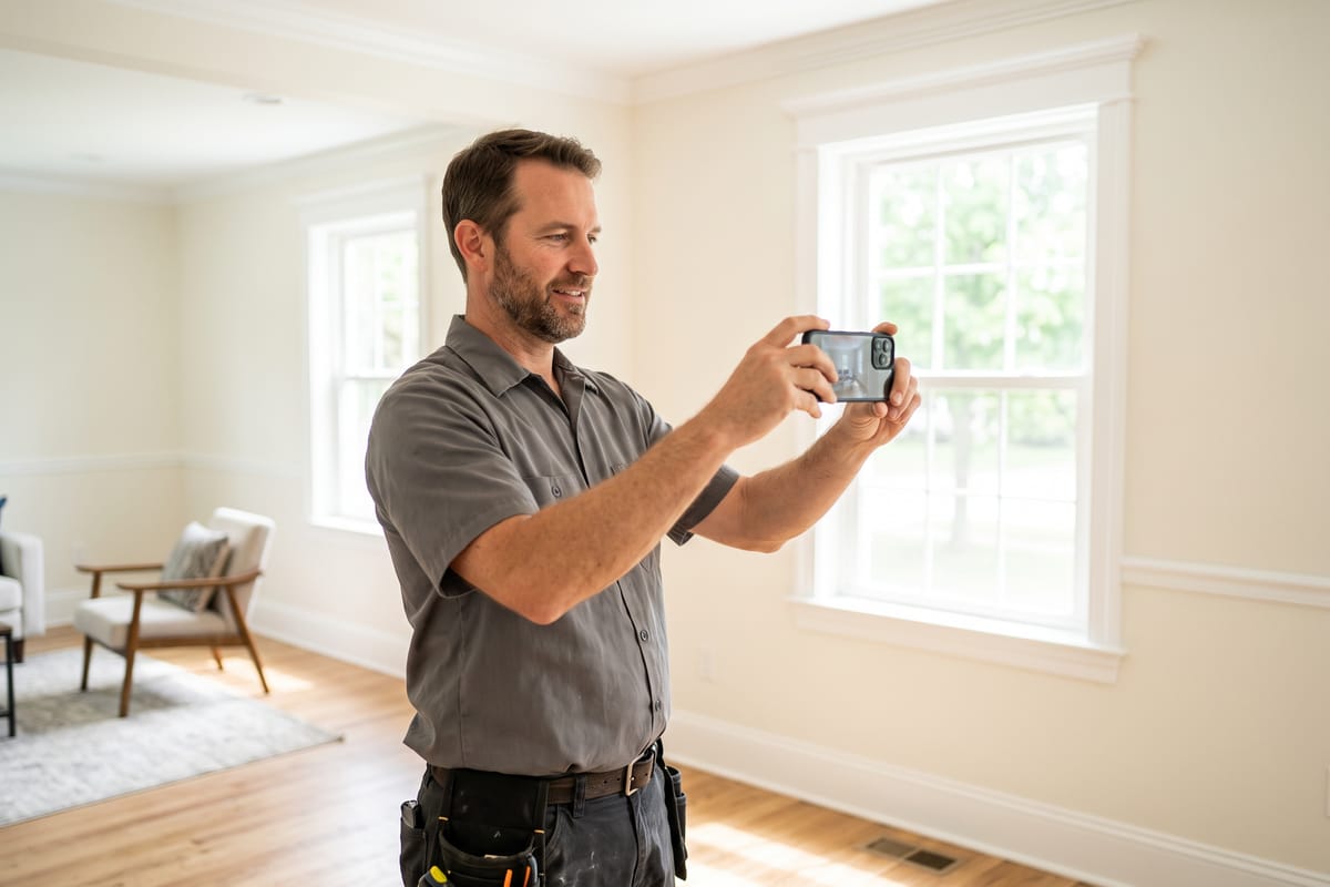 Contractor filming a finished renovated room on his phone